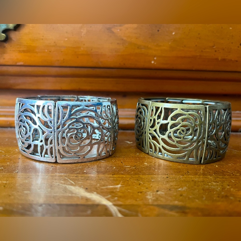Silver & Brass Rose Cutout Stretchy Bracelet Set! 2 Bracelets, 1 Price!